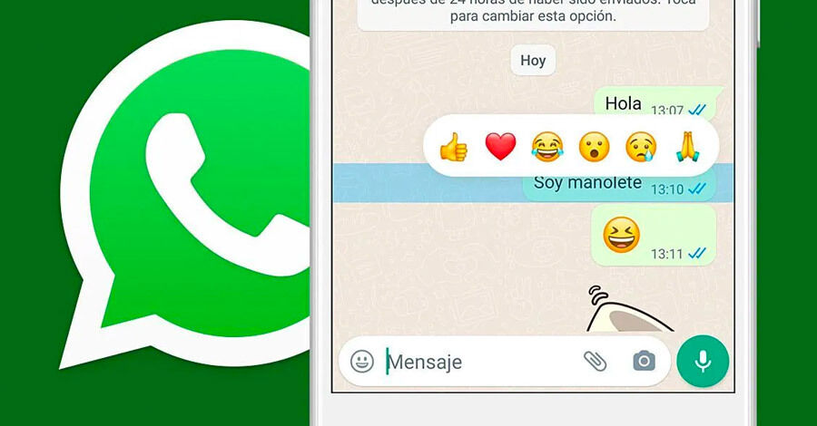 Un celular móvil mostrando &quot;reacciones&quot;, emojis que se pueden accionar encima de cada mensaje