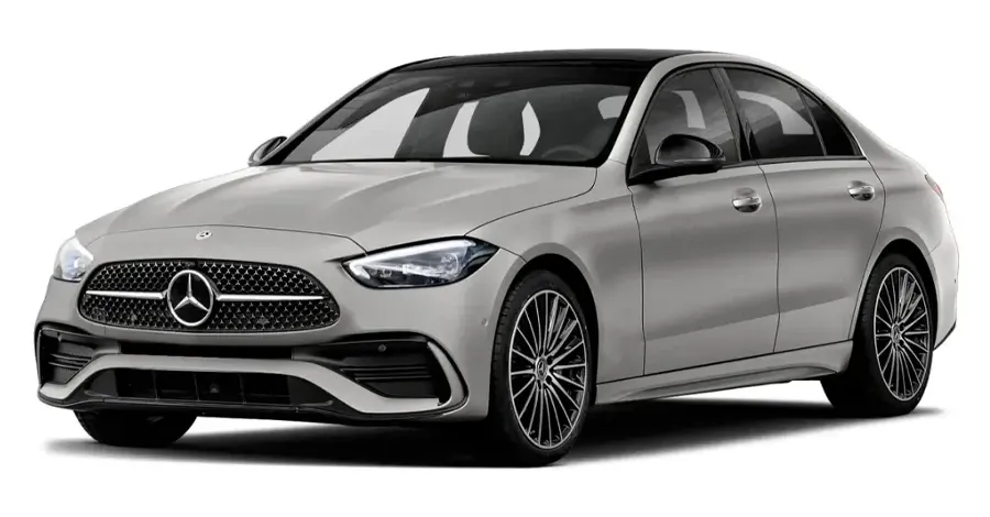 Imagen en perspectiva de un coche Mercedes Benz gris